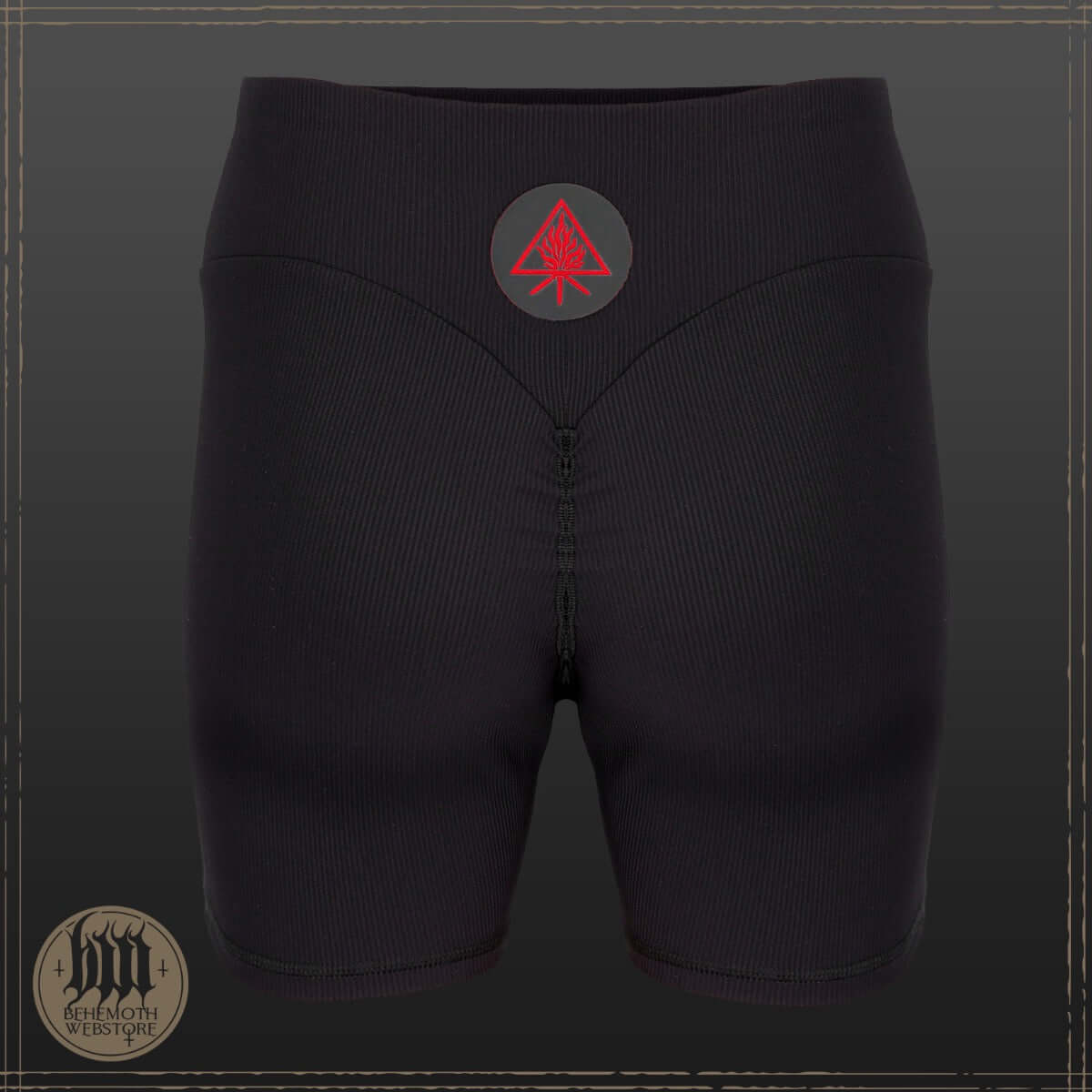 Behemoth 'The Unholy Trinity' ribbed premium push-up shorts for women, in black, designed for enhanced workout performance.