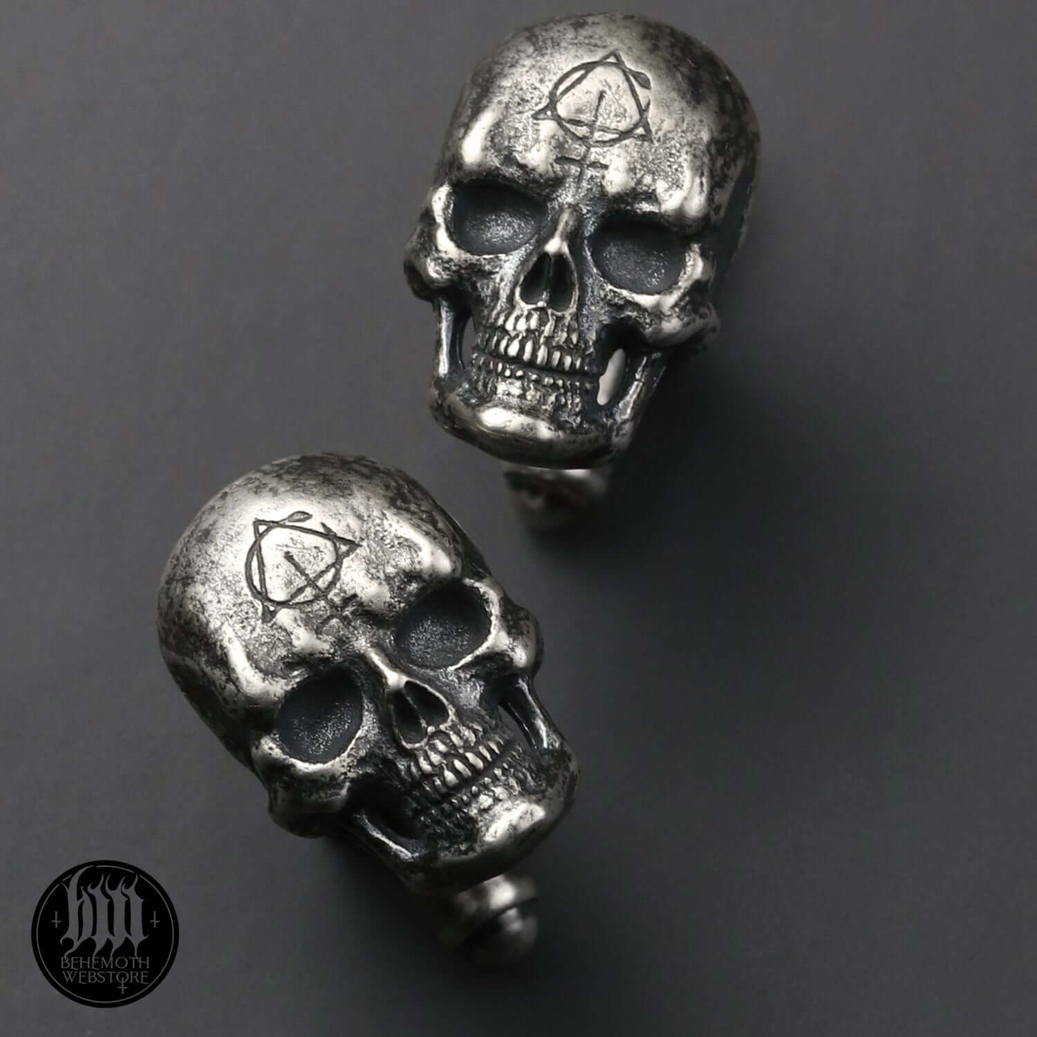 Sterling silver skull cufflinks by Anna Mazon, handmade and oxidized for edgy style.