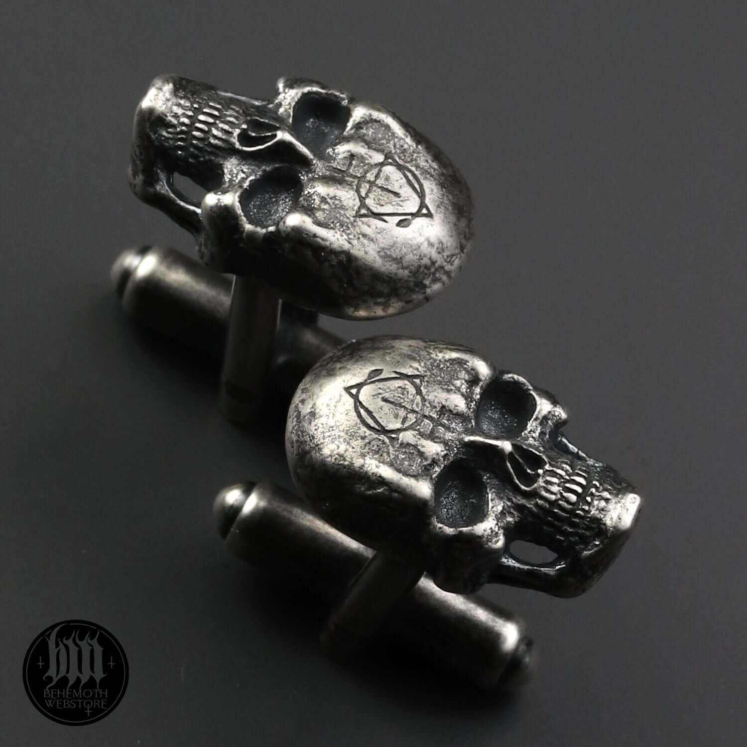 Behemoth 'Contra Skull' sterling silver cufflinks, hand-sculpted, oxidized finish, by Anna Mazon Jewellery. Edgy and unique design.