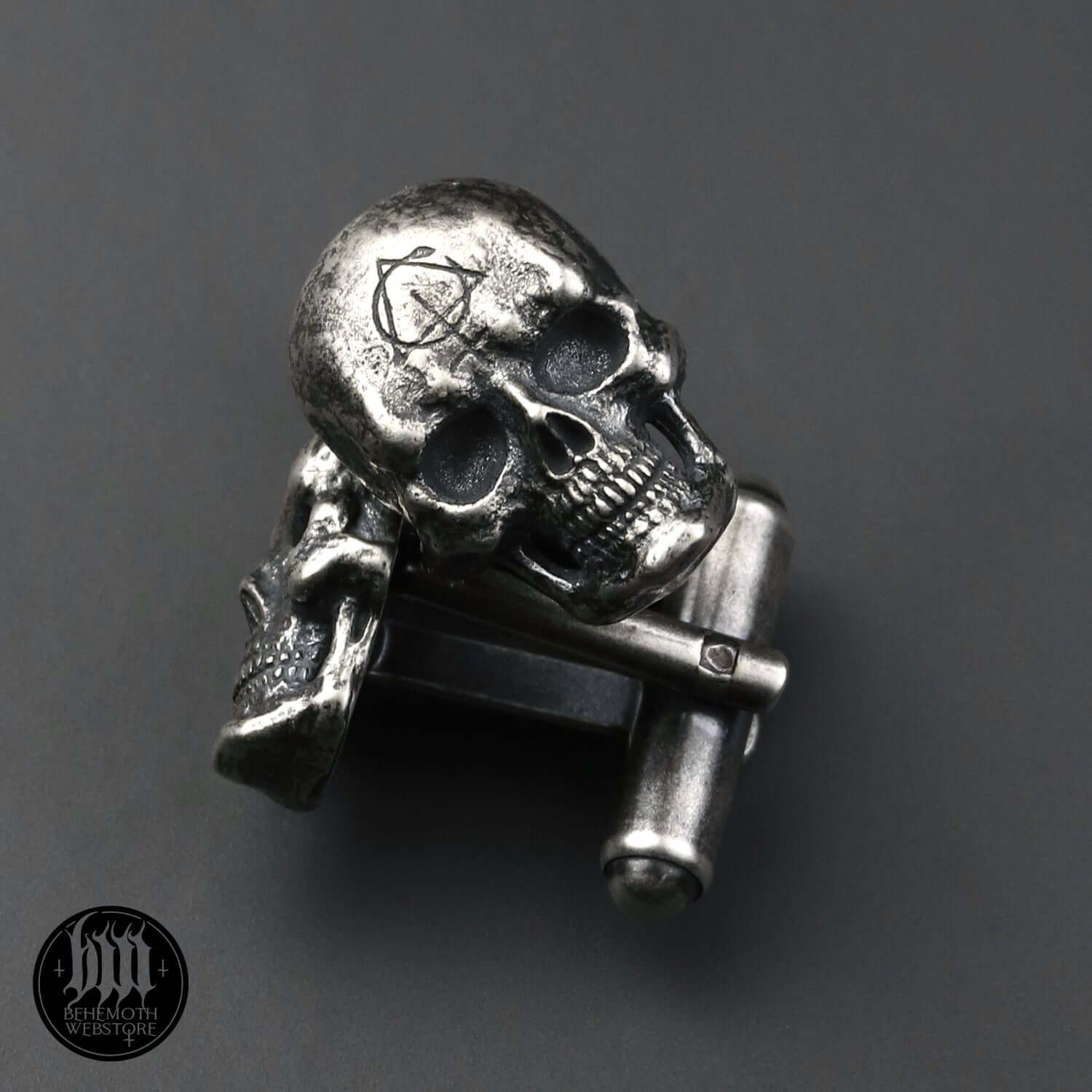 Handcrafted skull sterling silver cufflinks, dark oxidized finish, designed by Anna Mazon. Edgy, detailed wearable sculpture.