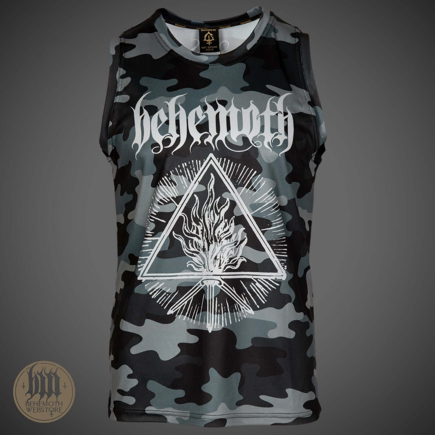 Behemoth 'The Satanist' camo tank top featuring logo and graphic design, ideal for metal fans and activewear enthusiasts.