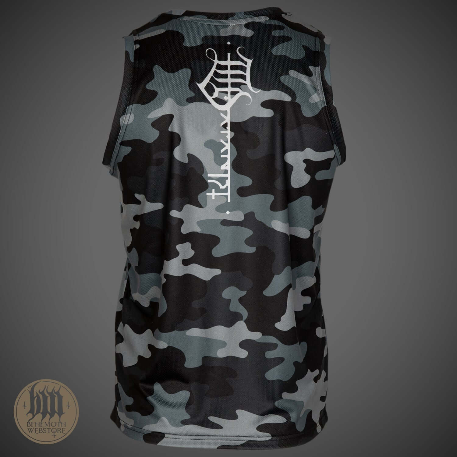 The Satanist Behemoth camo tank top featuring a unique design for metal fans; perfect for workouts, concerts, or casual wear.