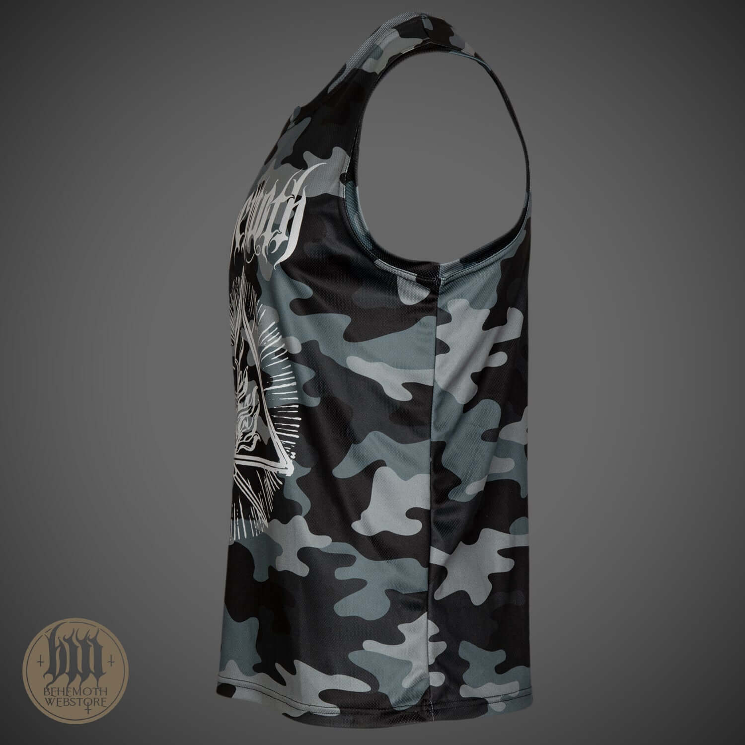 Side view of 'The Satanist' Behemoth Camo Tank Top, featuring metal band graphics on black and gray camouflage fabric.