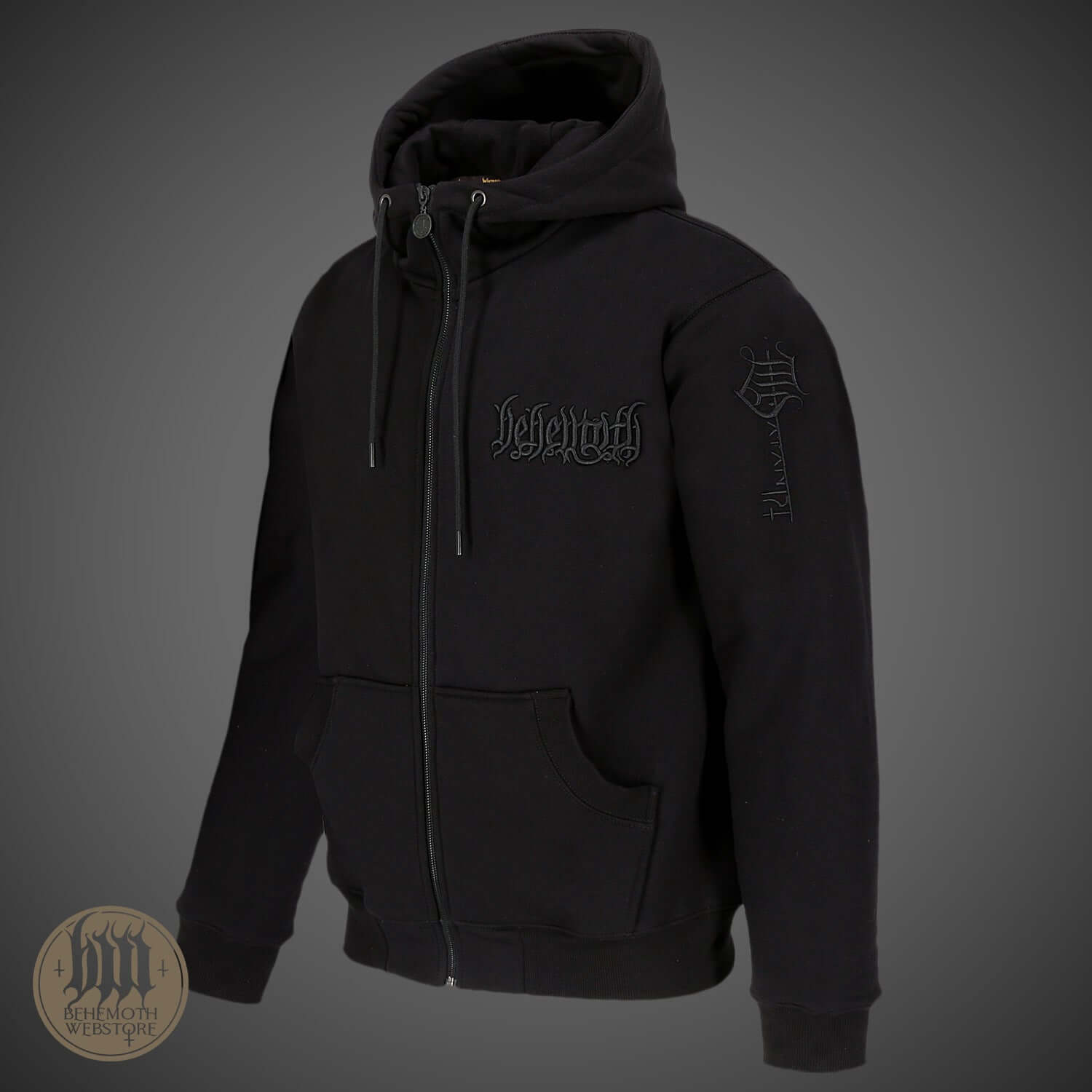 Behemoth The Satanist X hooded sweatshirt with zip, premium quality, embroidered logos, unisex, part of Blackest Ov The Black collection.