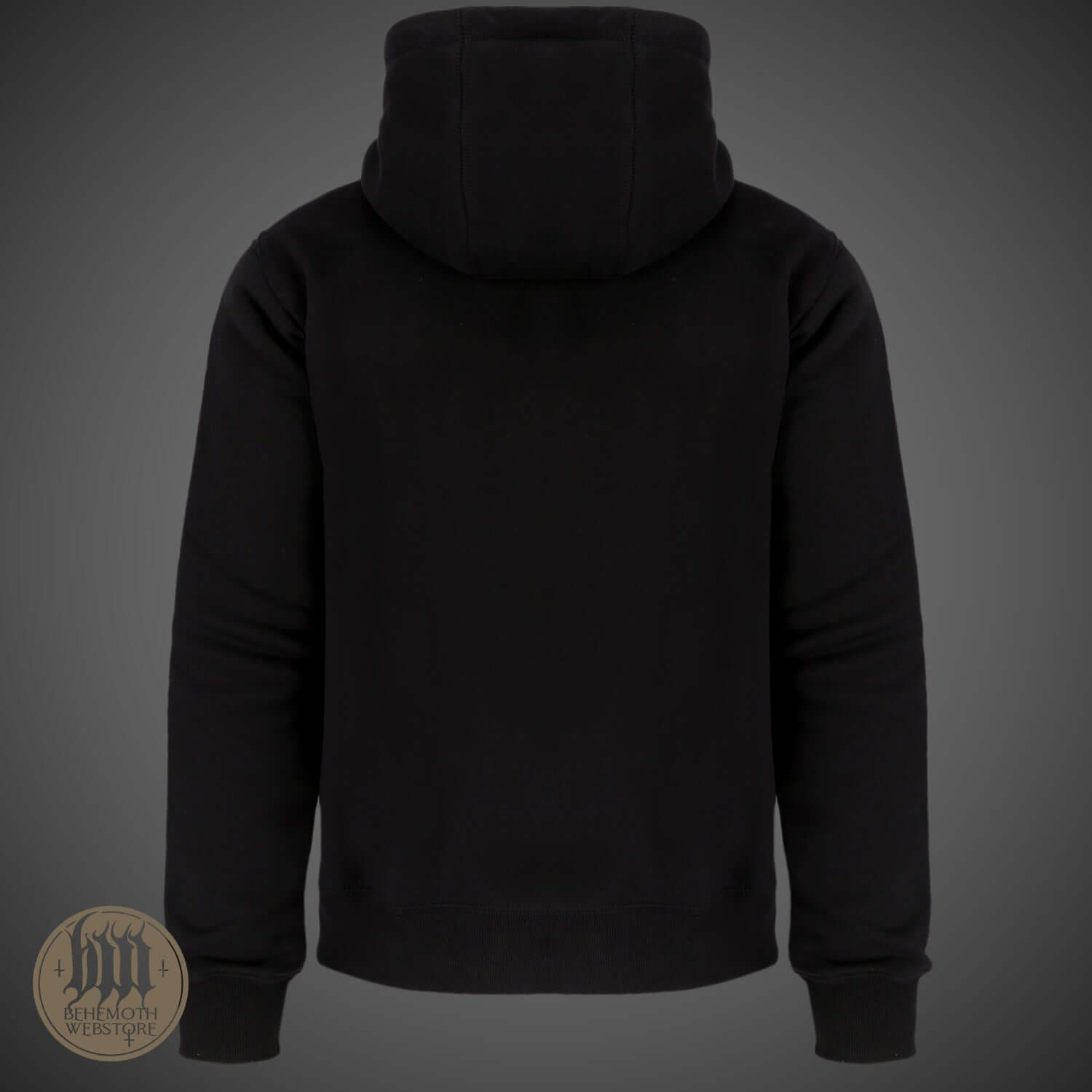 Behemoth 'The Satanist X' black hooded sweatshirt back view, part of Blackest Ov The Black collection, premium zip hoodie.