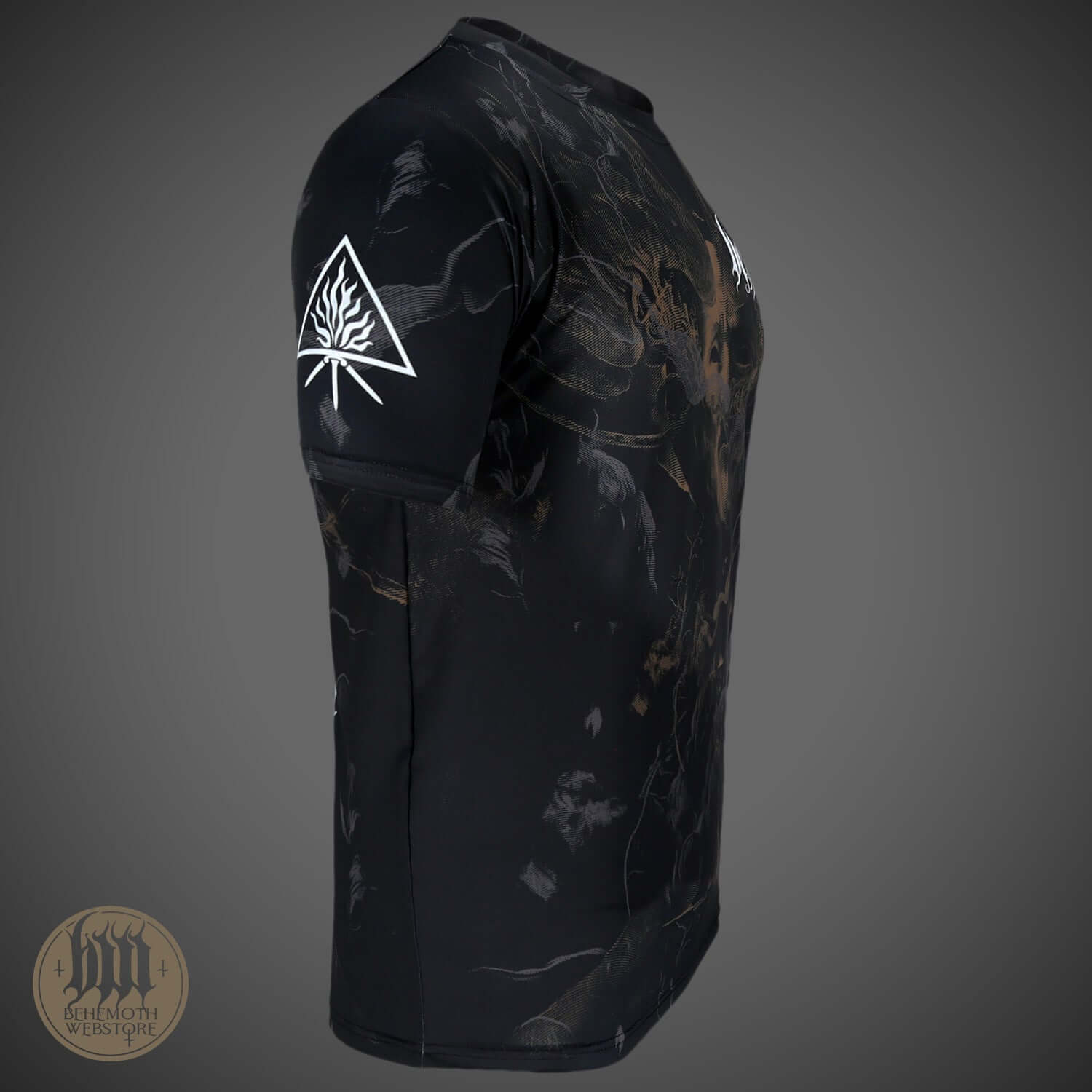 Behemoth 'The Satanist X' all-over print T-shirt, side view, showcasing unique design and premium fabric for fans.