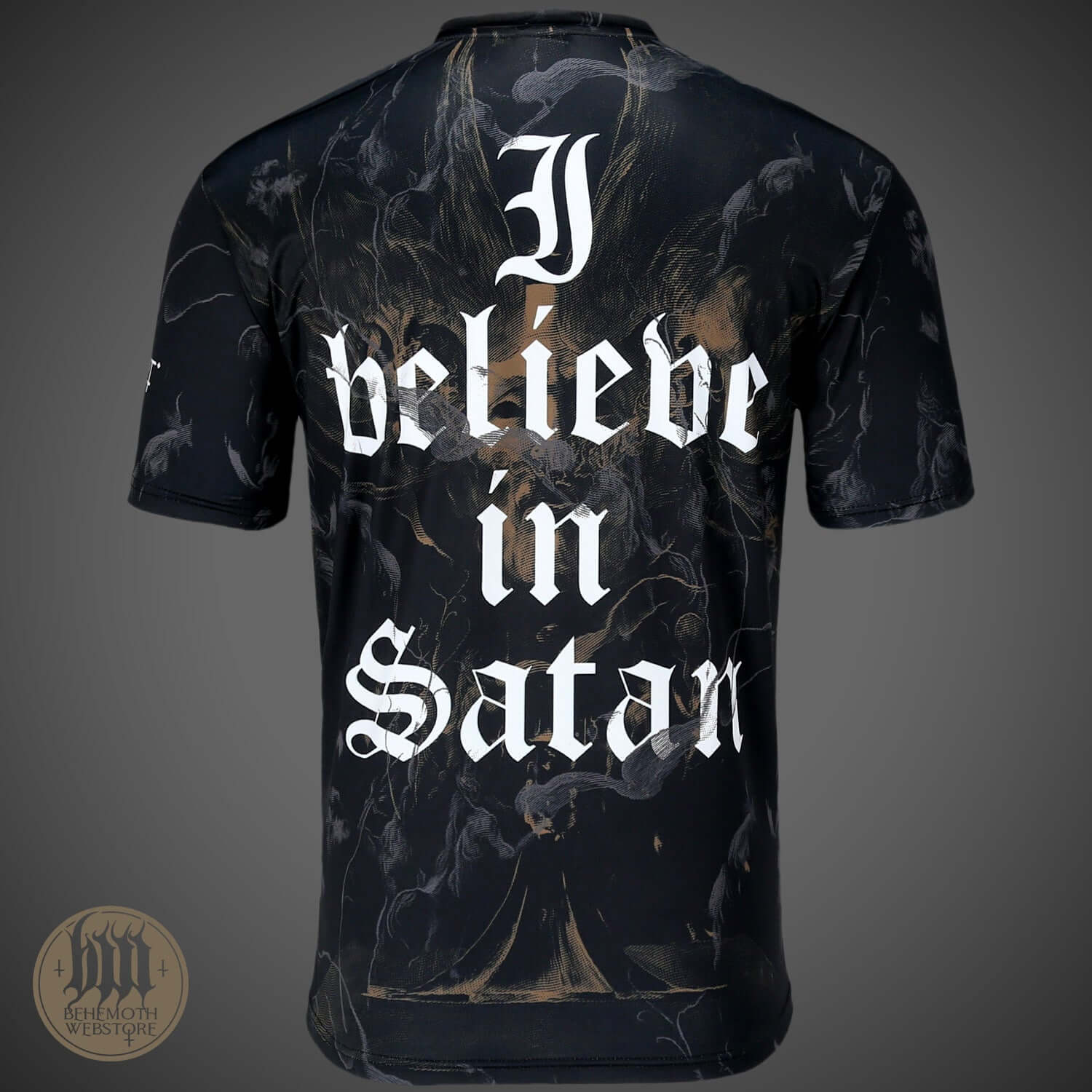 Behemoth "The Satanist X" all-over print T-shirt with 'I Believe in Satan' text, showcasing premium fan apparel design.