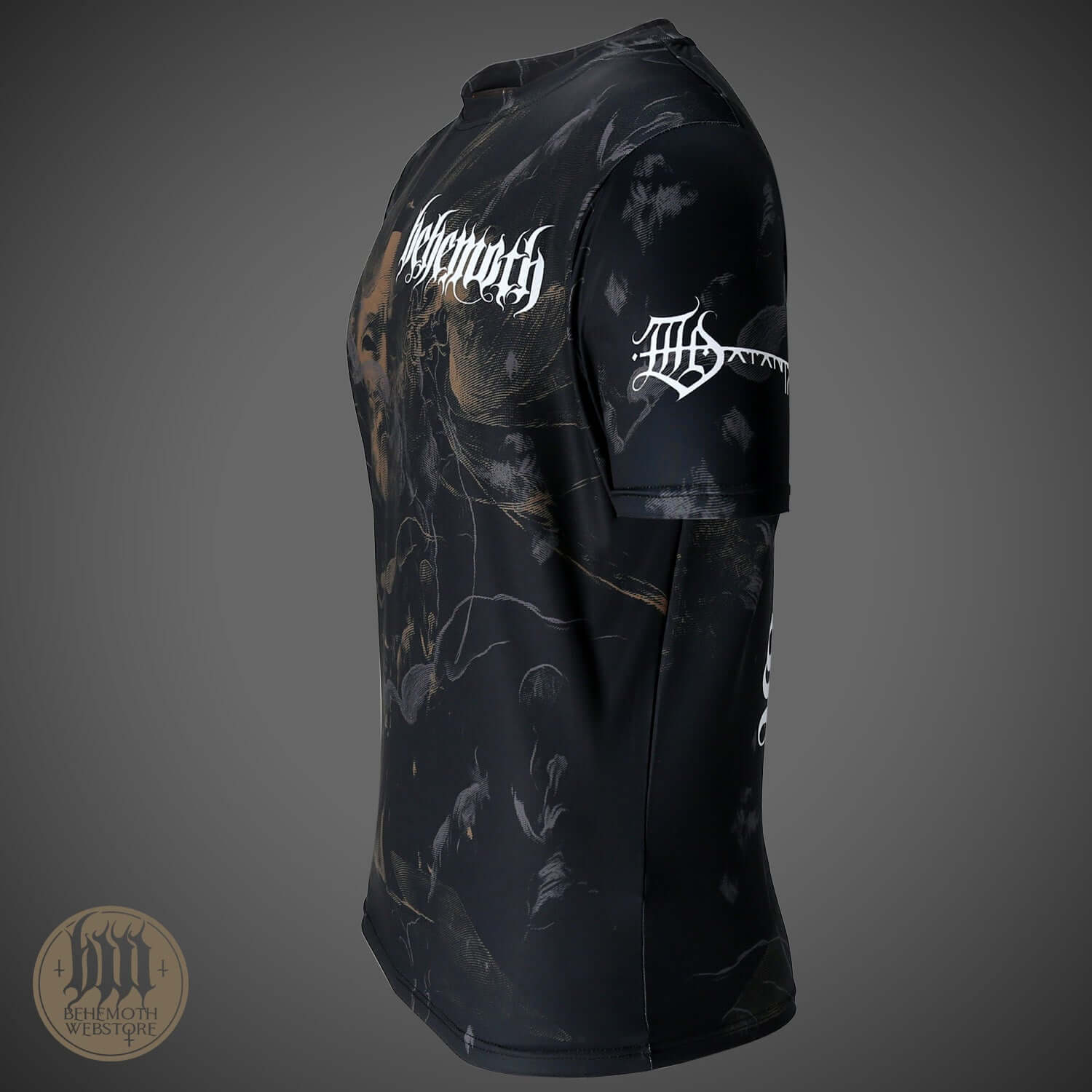 Side view of Behemoth 'The Satanist X' all-over print black t-shirt, showcasing band logo and detailed design.