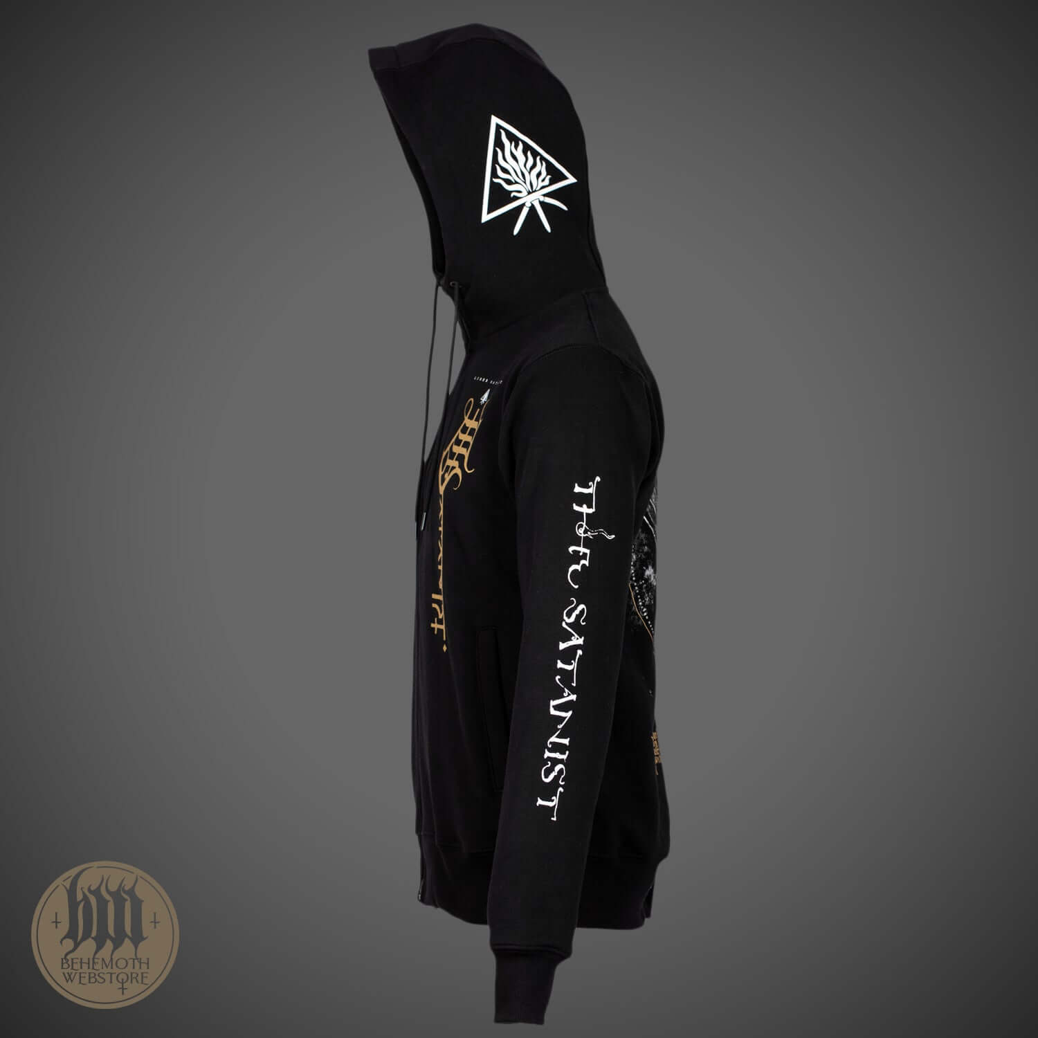 Behemoth 'The Satanist X' hooded sweatshirt in black, featuring bold logo and artwork, made with premium cotton, side view.
