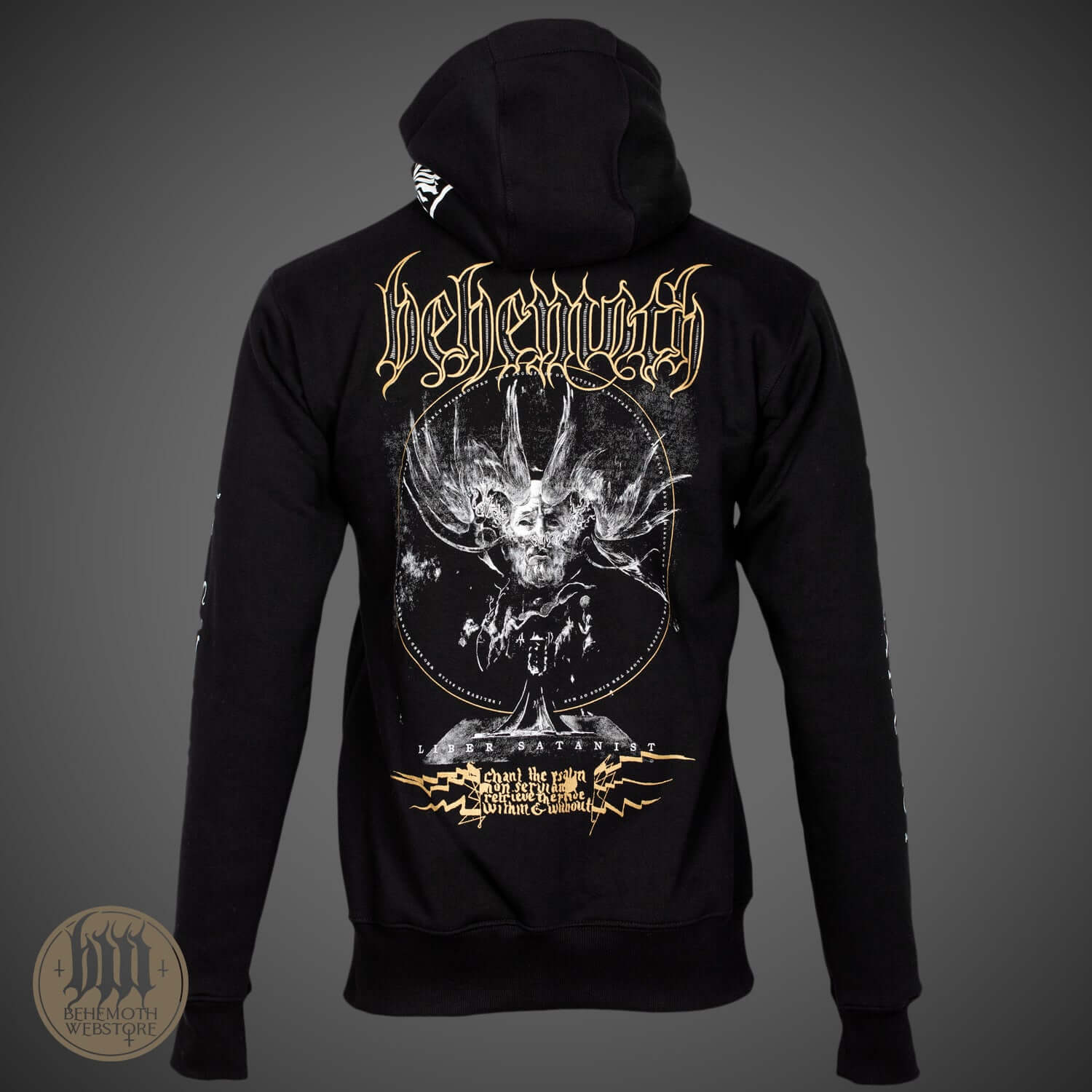 Back view of Behemoth 'The Satanist X' hooded sweatshirt showing detailed artwork and logo, premium cotton, unisex, black color.