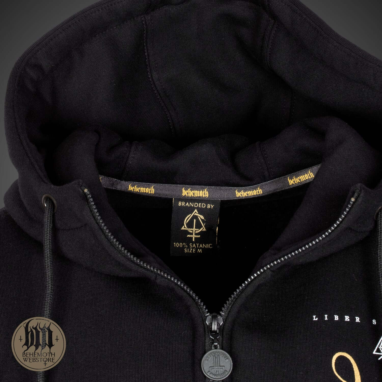 Behemoth 'The Satanist' hooded sweatshirt showing inner label and zip detailing, made from premium cotton.