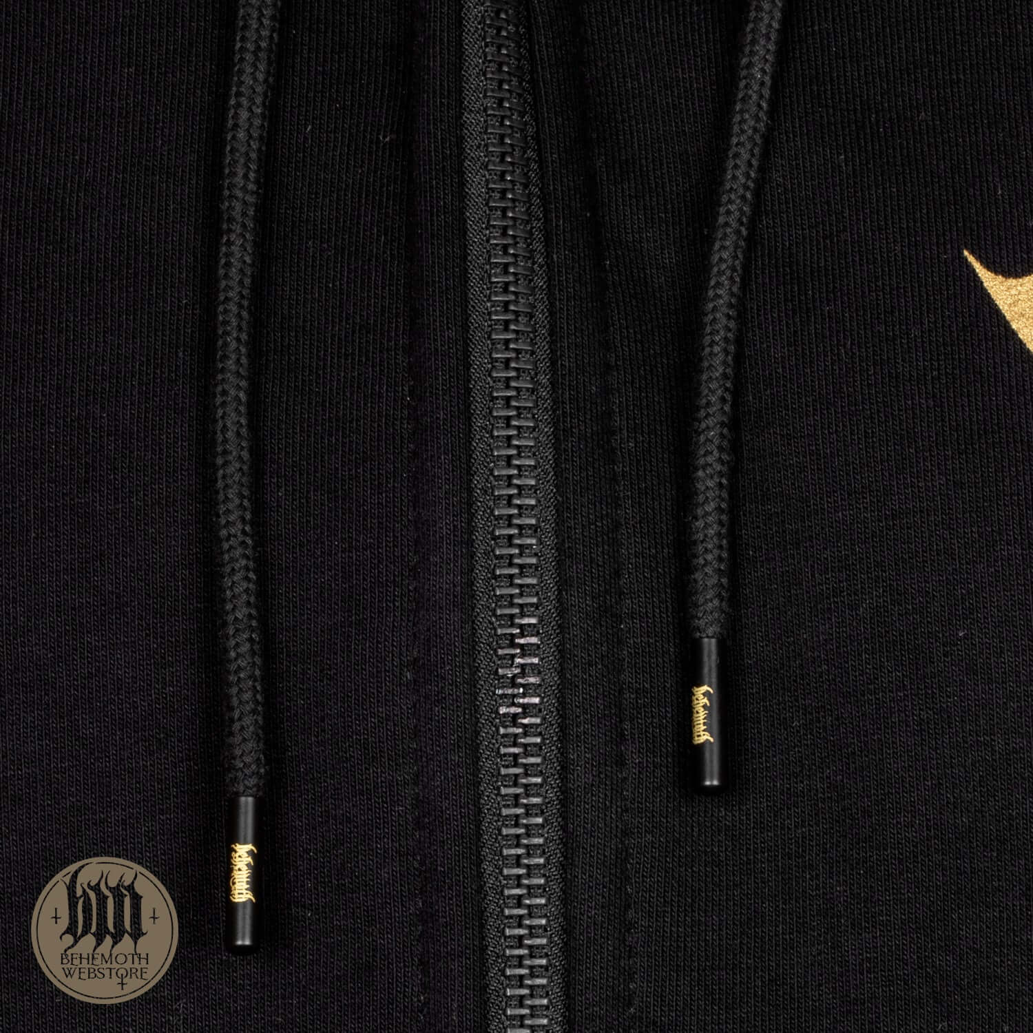 Close-up of Behemoth 'The Satanist X' zip hoodie details with logo