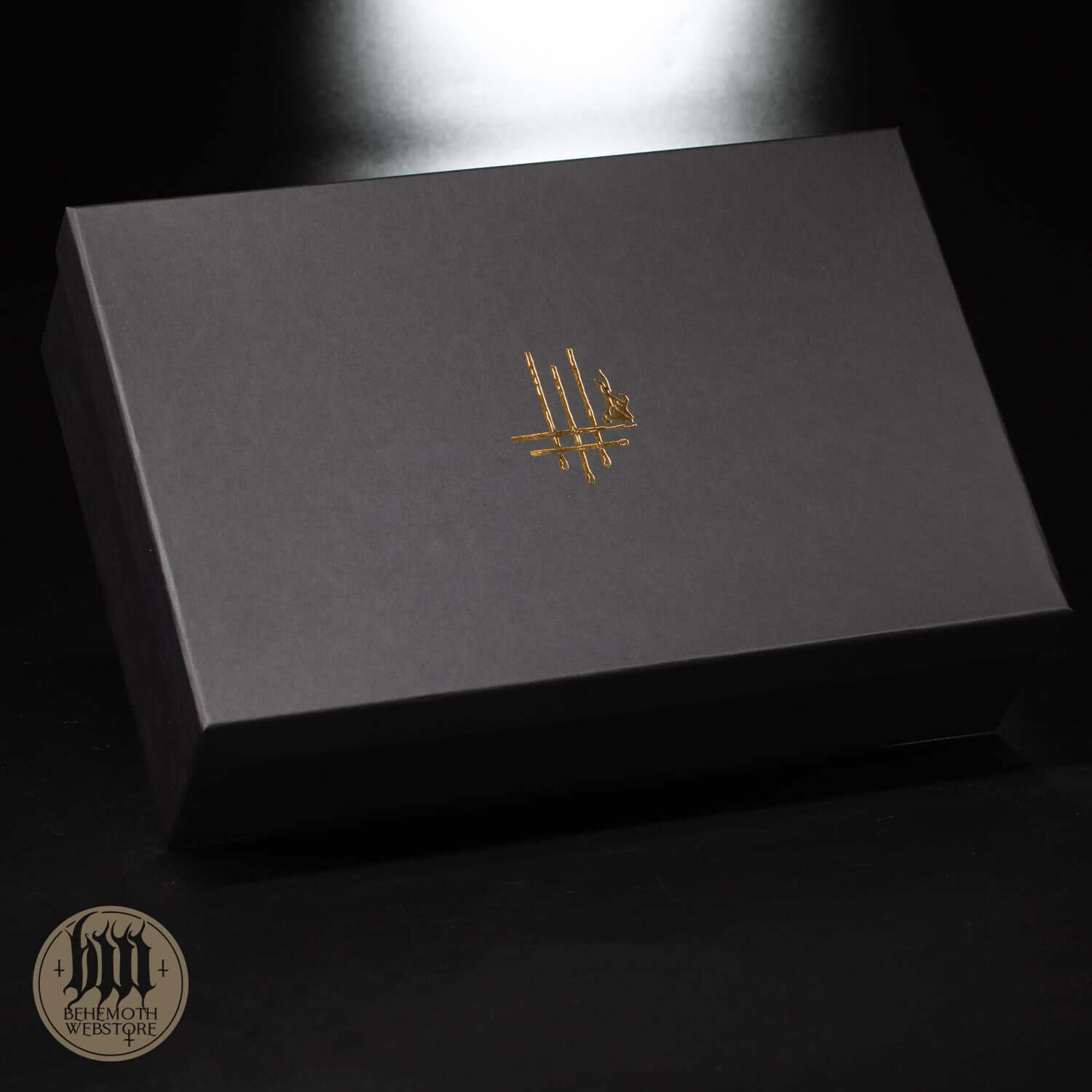 Behemoth 'Trivmviratvs' black matte decorative box with golden sigil, empty, 35x23x10 cm, luxury cardboard packaging.