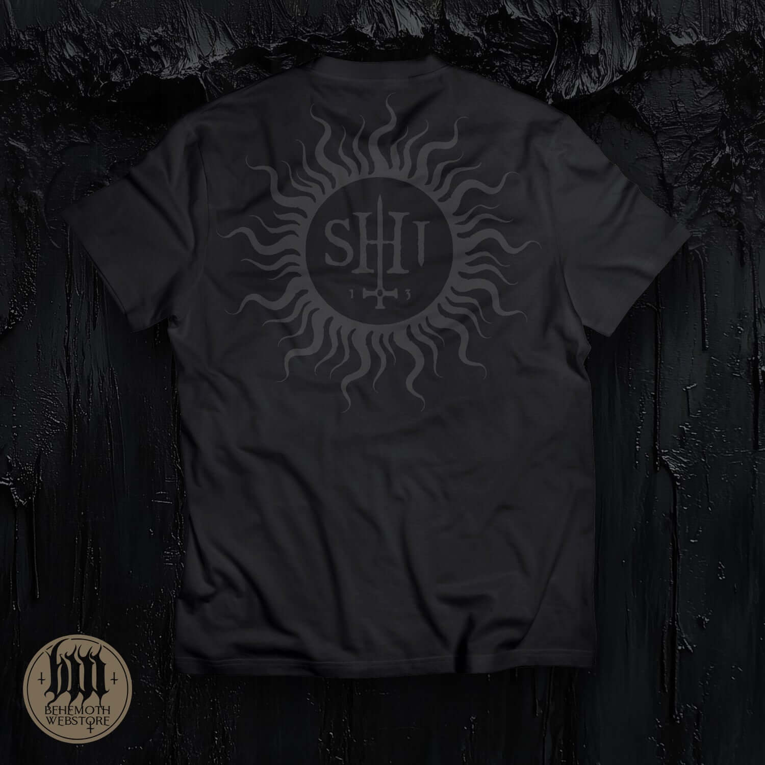 Back view of Behemoth - TSOG Absolvte Black T-Shirt with sun graphic, crafted from premium cotton, showcasing comfort and style.
