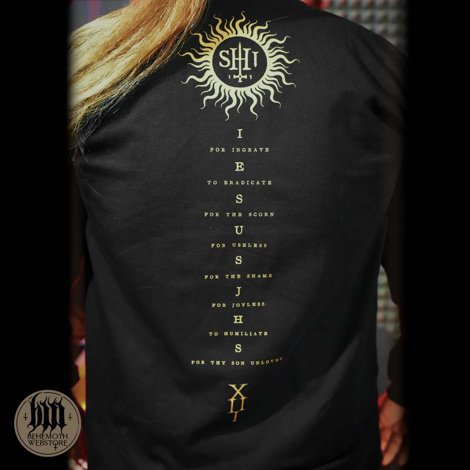 Back view of Behemoth TSOG long sleeve shirt with sun symbol and gold lettering, showcasing premium cotton and band-inspired design.