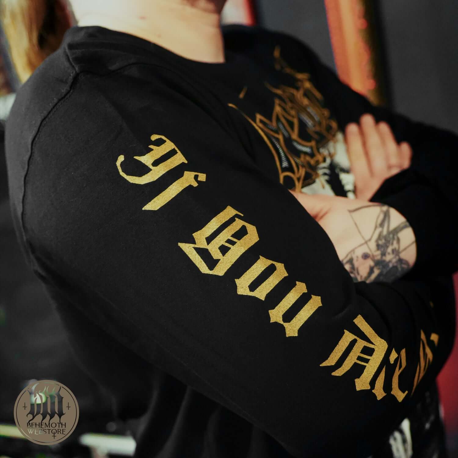 Behemoth TSOG long sleeve shirt featuring gold text and sigil design, crafted from premium cotton.