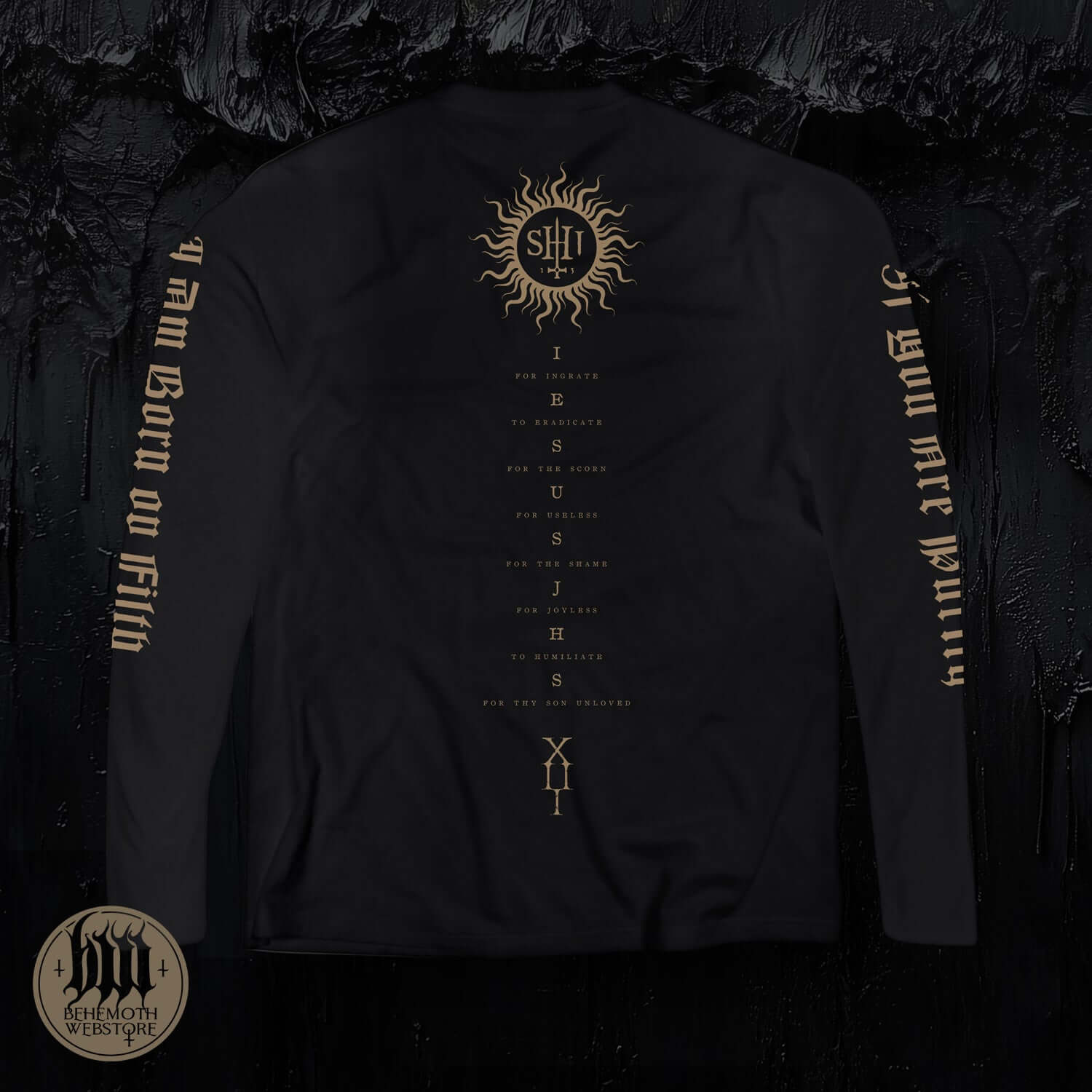 Behemoth TSOG sigil long sleeve shirt with premium cotton, showcasing metal band graphics, dark design, and "I am born of him" text.