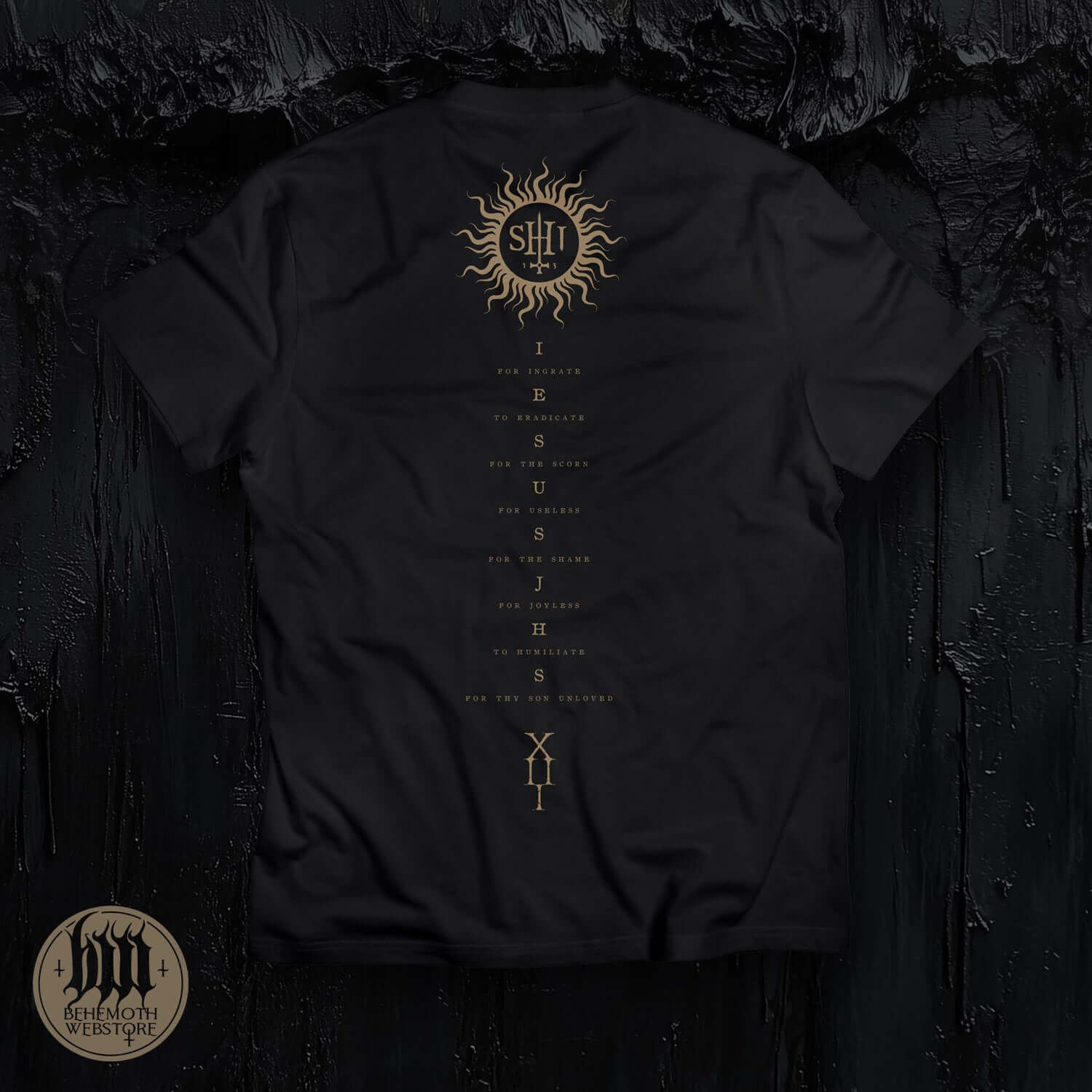 Behemoth TSOG Alt T-Shirt featuring sun emblem and band graphics, premium cotton, mock-up design, crafted in Poland for metal fans.