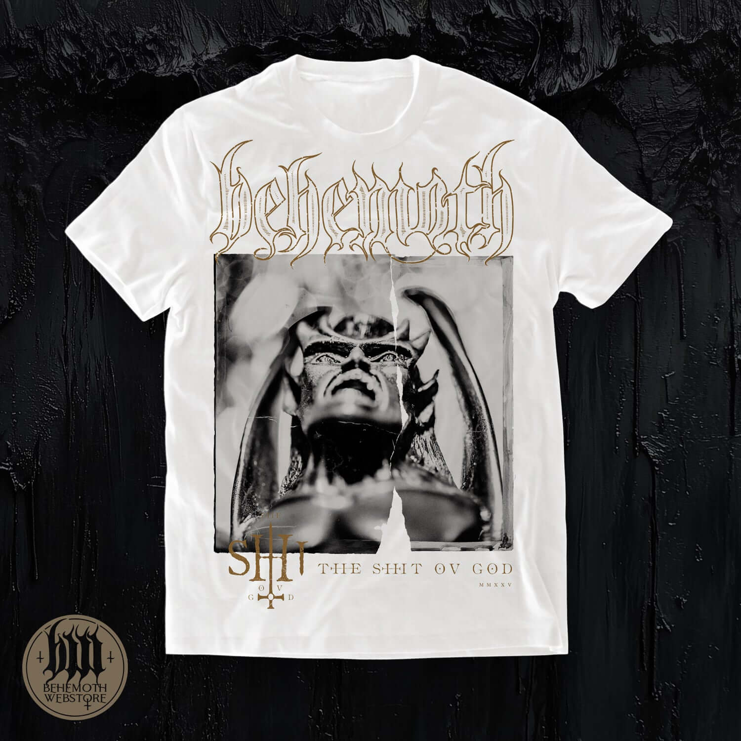 Behemoth TSOG White T-Shirt featuring 'The Shit Ov God' design in premium cotton, showcases iconic metal band merchandise.