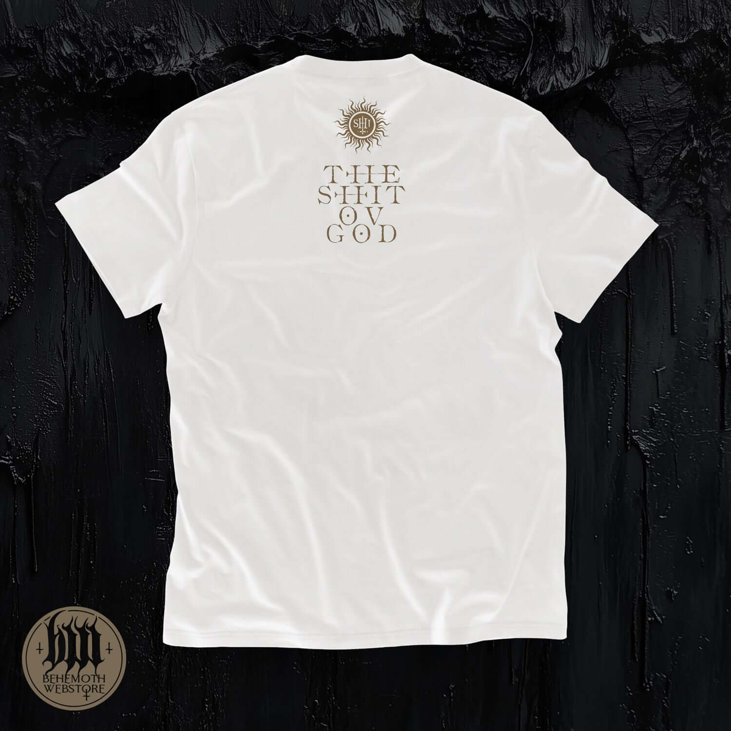 Behemoth TSOG white t-shirt with 'The Shit Ov God' text and sun design on back, premium cotton, band merchandise mock-up