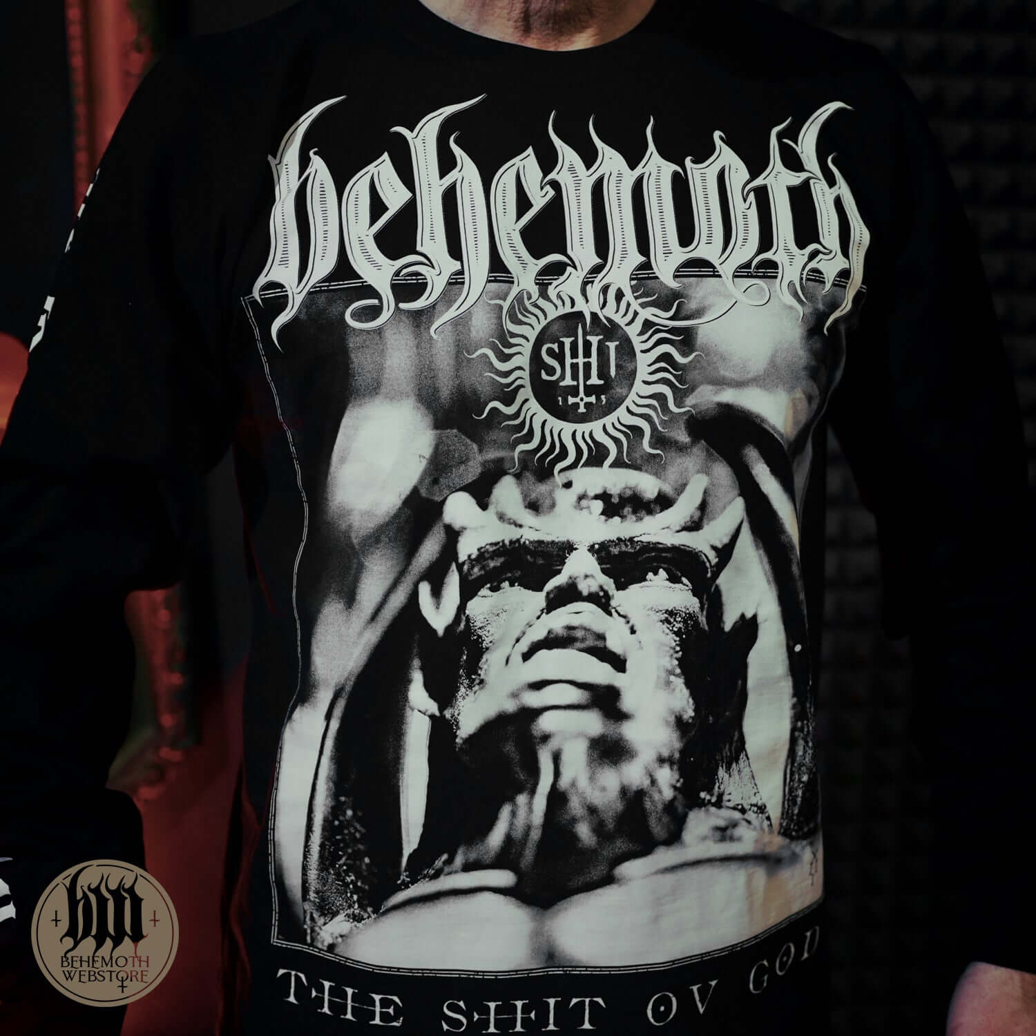 Behemoth 'The Shit Ov God' long sleeve shirt with TSOG graphics, premium cotton, crafted in Poland for metal band fans.