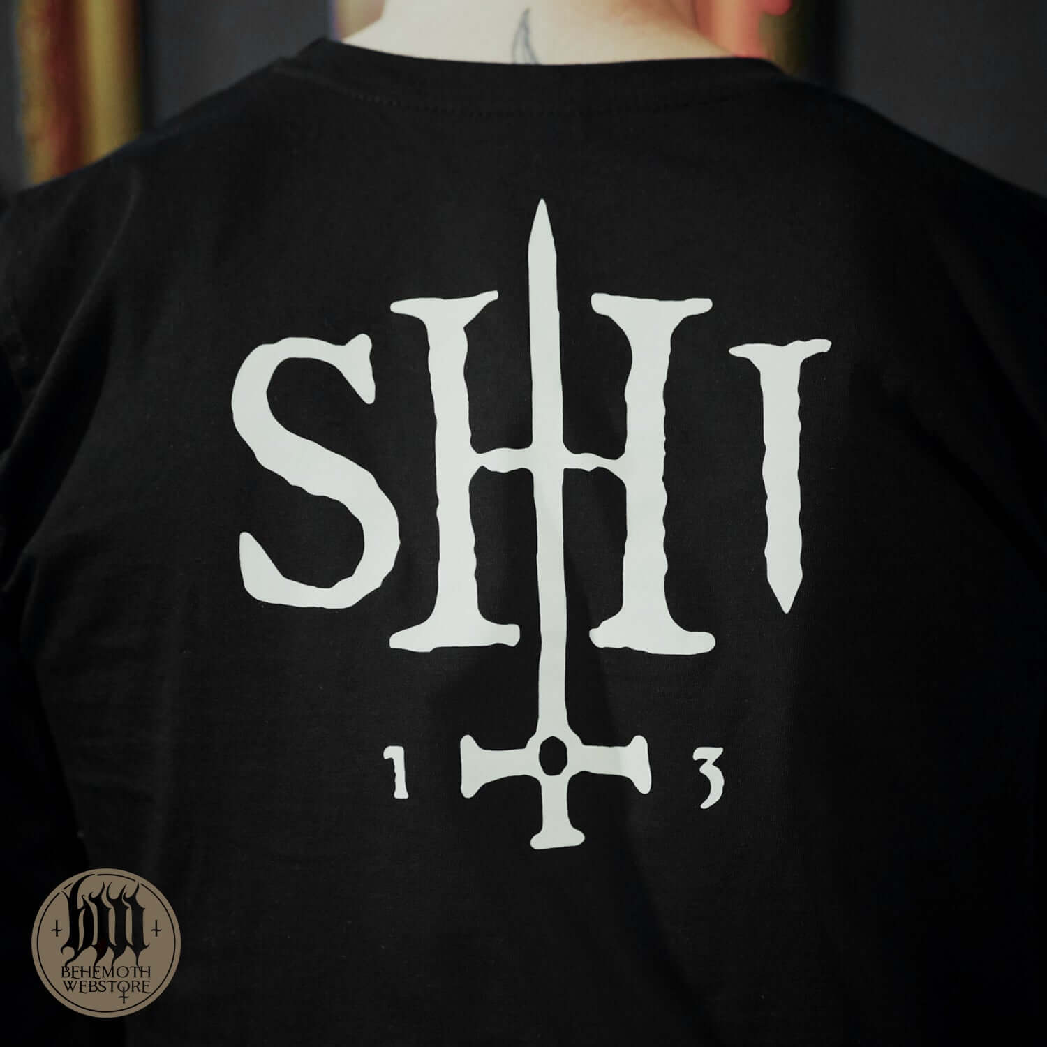Back of Behemoth 'TSOG' long sleeve shirt featuring SHI graphic, premium cotton band merch crafted in Poland, perfect for metal fans.