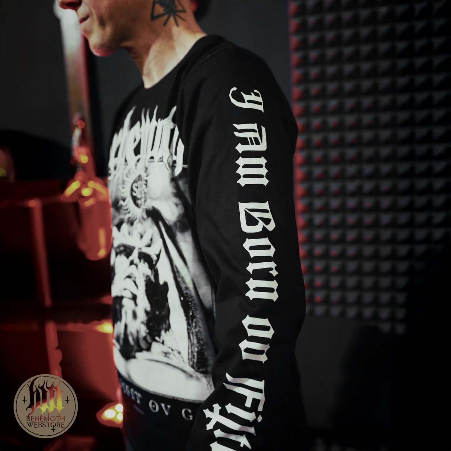 Behemoth 'TSOG' Long Sleeve Shirt featuring Sigil graphic and text 'I am Born ov Fire', made from premium cotton.