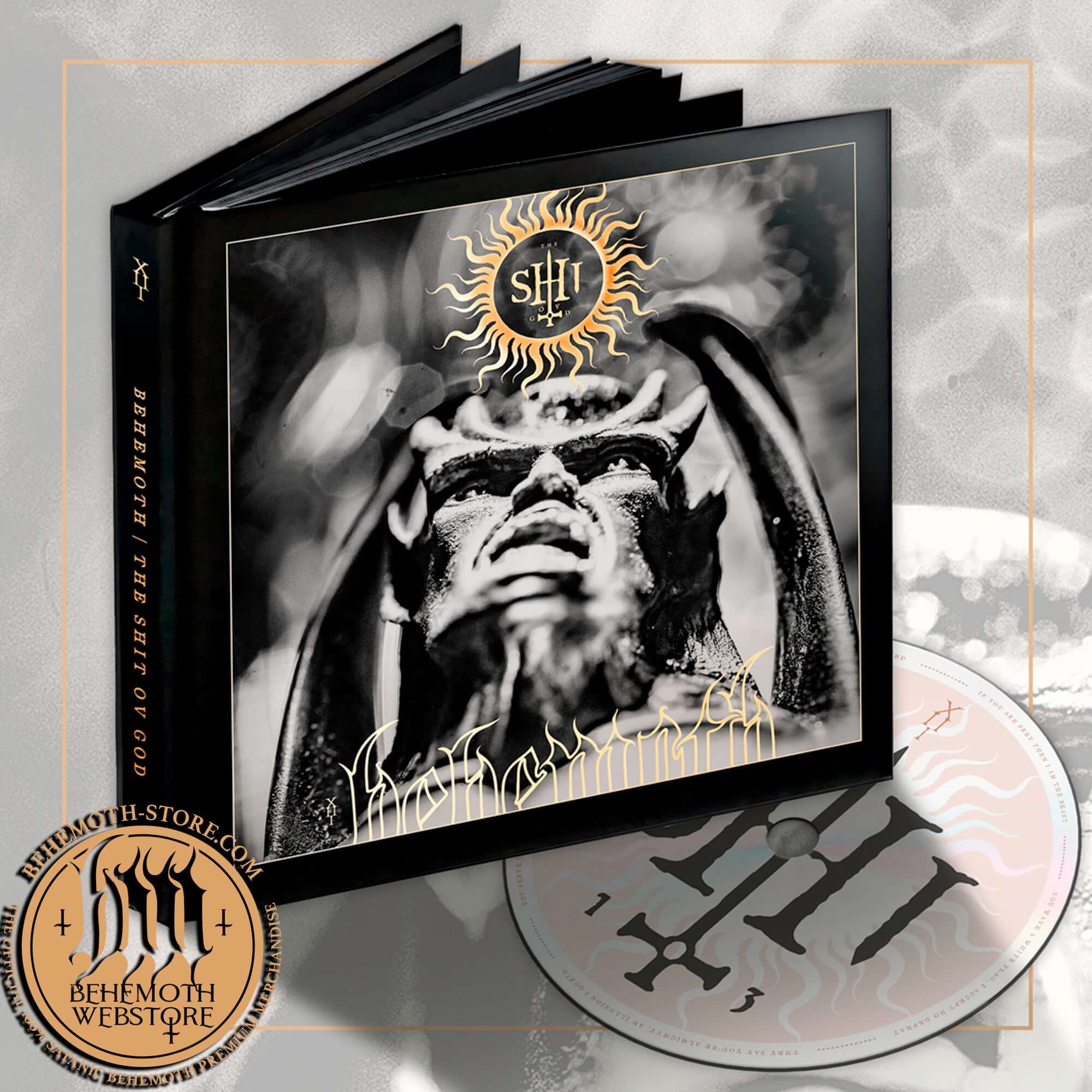 Behemoth 'The Shit Ov God' Mediabook CD with hot-stamped cover and booklet, featuring new tracks and mystic design.