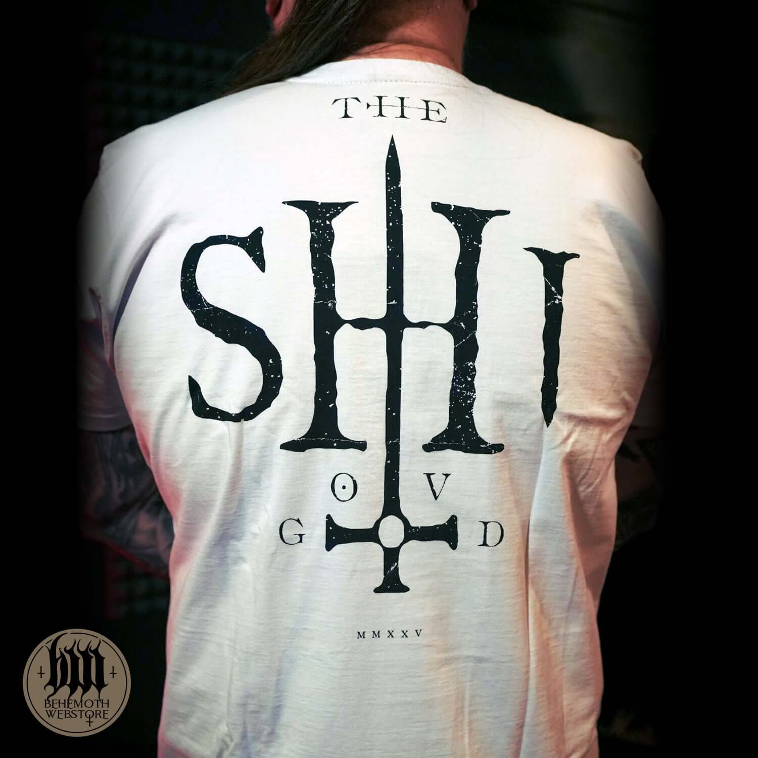 Behemoth TSOG Sigil white t-shirt featuring 'The Shit Ov God' design, crafted from premium cotton for metal music fans.