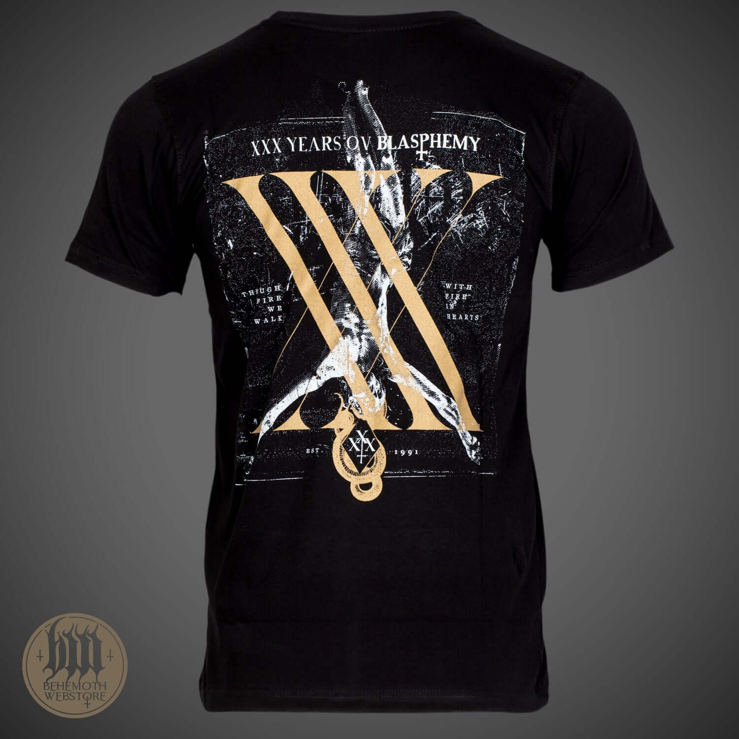 Back view of Behemoth XXX Years Ov Blasphemy band t-shirt with gold logo.