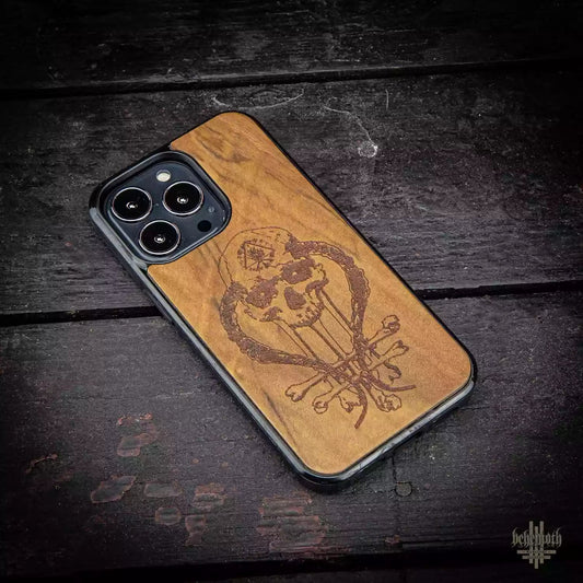 iPhone 13 Pro case with wood finishing and Behemoth 'In Absentia Dei' logo