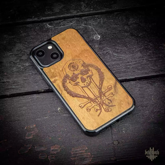 iPhone 13 Mini case with wood finishing and Behemoth 'In Absentia Dei' logo