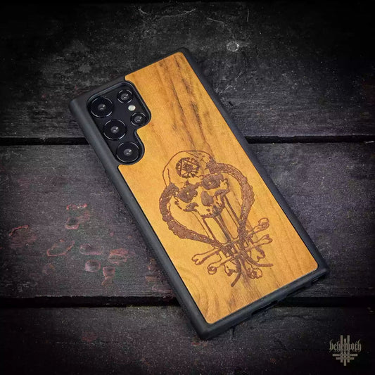 Samsung Galaxy S22 Ultra case with wood finishing and Behemoth 'In Absentia Dei' logo