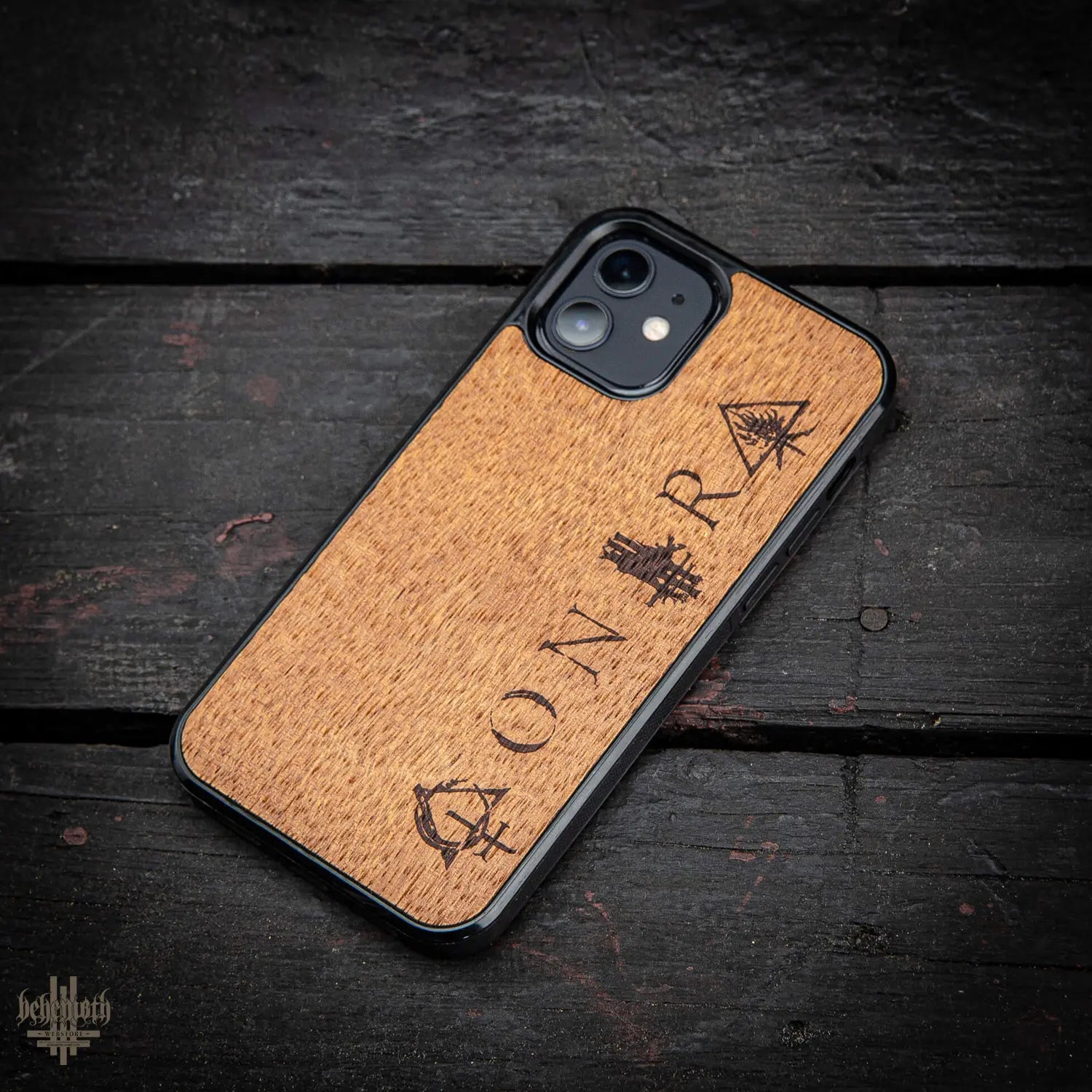 iPhone 12/12 Pro case with wood finishing and Behemoth 'CONTRA' logo