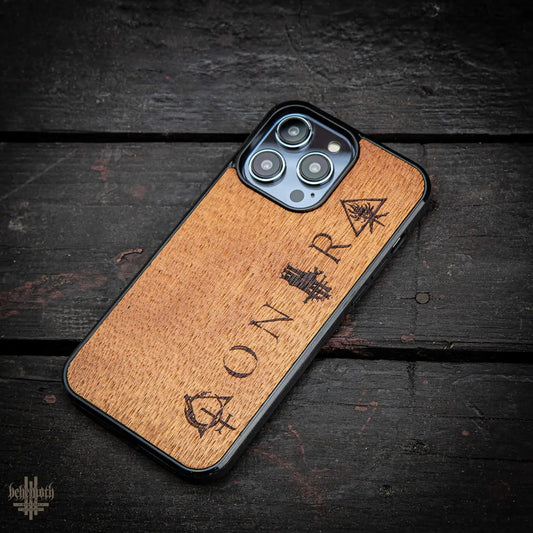 iPhone 14 Pro Max case with wood finishing and Behemoth 'CONTRA' logo