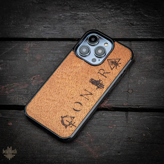 iPhone 14 Pro case with wood finishing and Behemoth 'CONTRA' logo