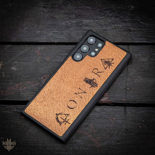 Samsung Galaxy S22 Ultra case with wood finishing and Behemoth 'CONTRA' logo