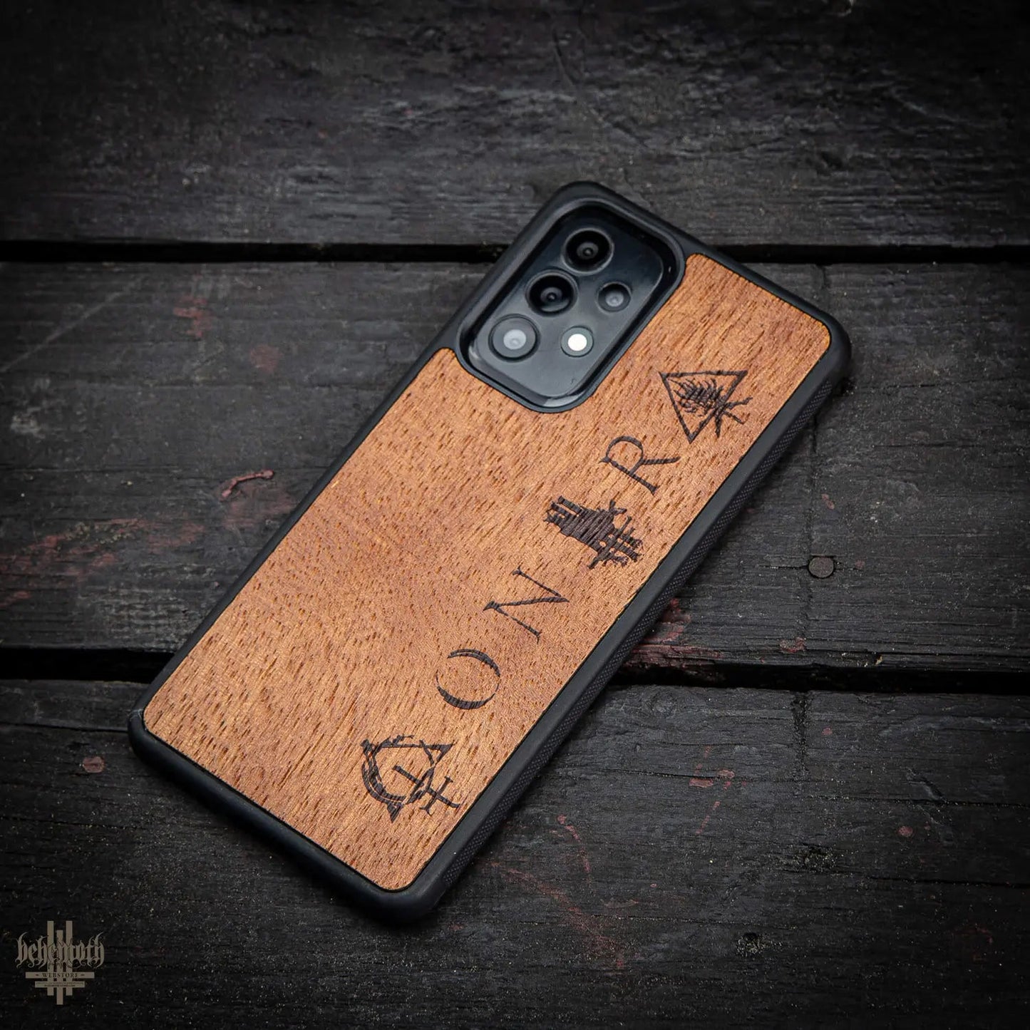 Samsung Galaxy A53 5G case with wood finishing and Behemoth 'CONTRA' logo