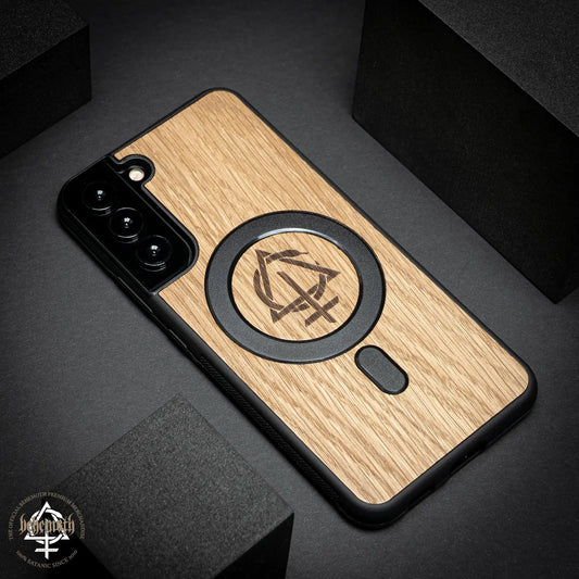 Samsung Galaxy S22 Plus case with wood finishing and Behemoth 'CONTRA' logo