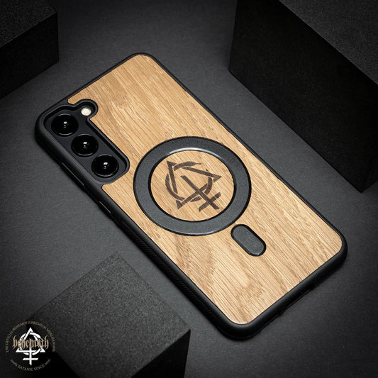 Samsung Galaxy S23 Plus case with wood finishing and Behemoth 'CONTRA' logo