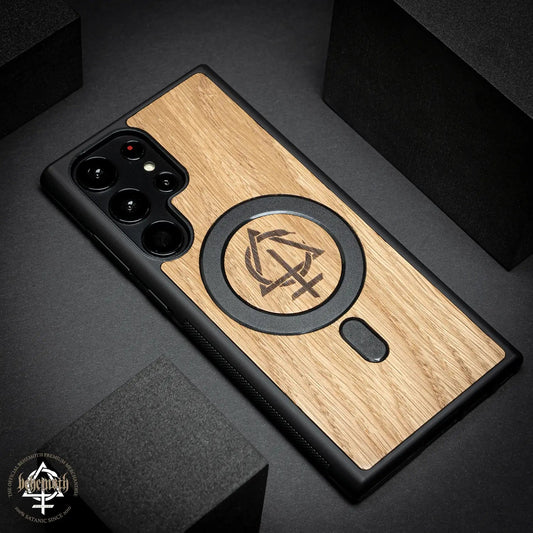 Samsung Galaxy S23 Ultra case with wood finishing and Behemoth 'CONTRA' logo