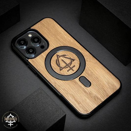 Apple iPhone 14 Pro Max case with wood finishing and Behemoth 'CONTRA' logo