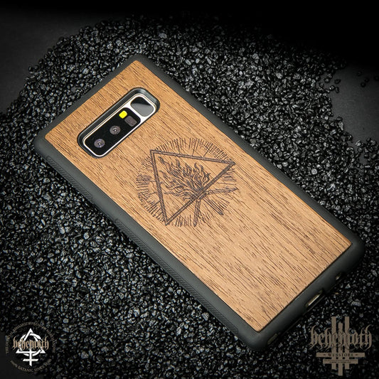 Samsung Galaxy Note 8 case with wood finishing and Behemoth 'The Unholy Trinity' logo