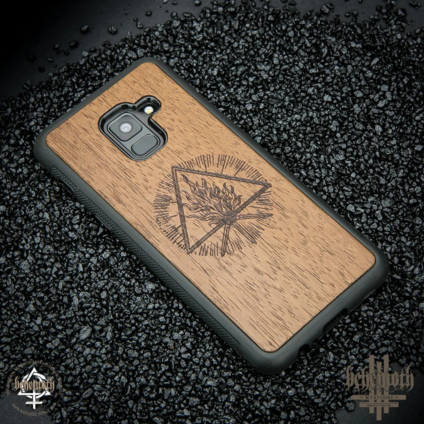 Samsung Galaxy A8 2018  case with wood finishing and Behemoth 'The Unholy Trinity' logo