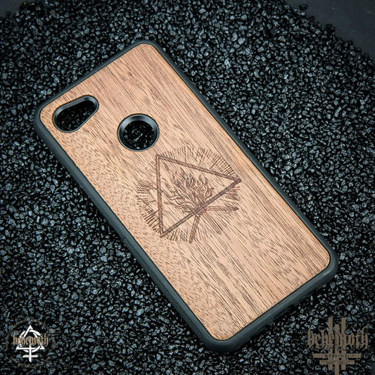Google Pixel 3A XL case with wood finishing and Behemoth 'The Unholy Trinity' logo