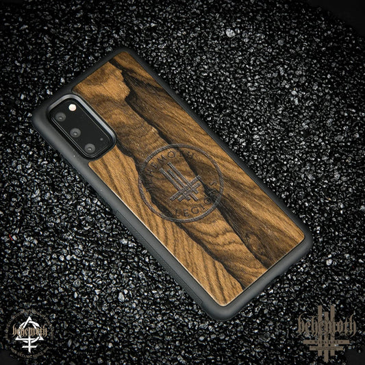 Samsung Galaxy S20 case with wood finishing and Behemoth 'Behemoth Legions' logo