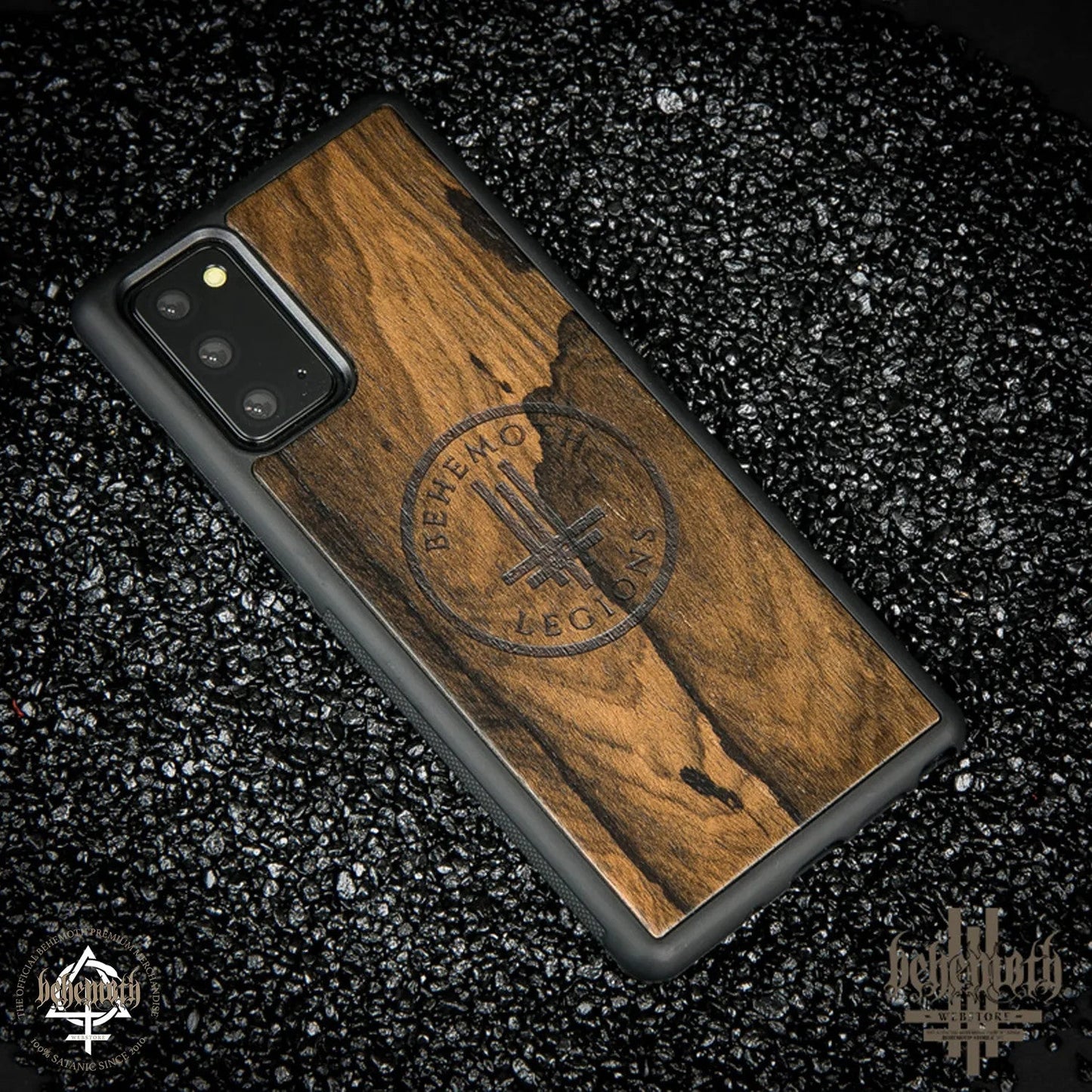 Samsung Galaxy Note 20 case with wood finishing and Behemoth 'Legions' logo