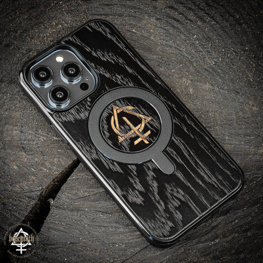 Apple iPhone 14 Pro Max black case with wood finishing and Behemoth 'CONTRA' logo