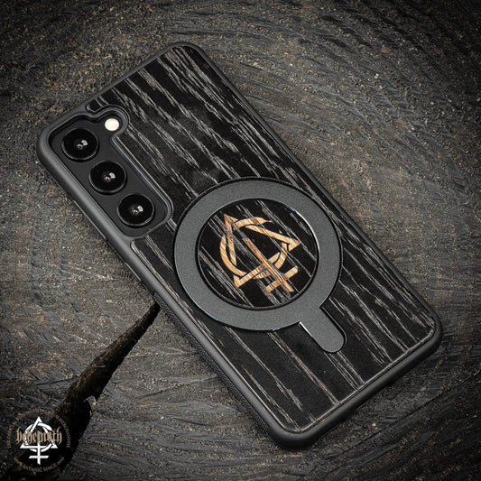Samsung Galaxy S23 black case with wood finishing and Behemoth 'CONTRA' logo