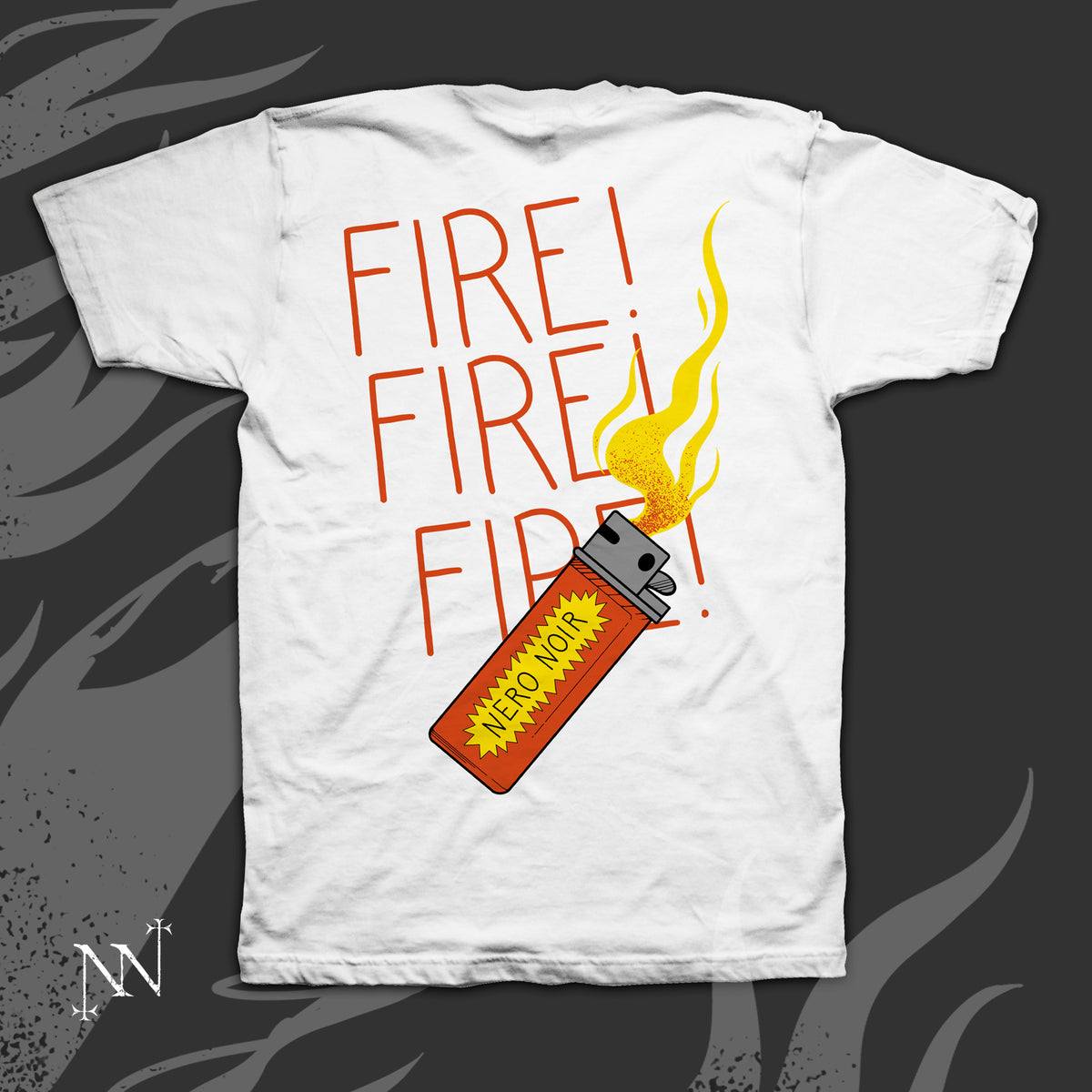 NeroNoir — tričko „FIRE“ (bílé, barevný potisk) — limitovaná 72h předobjednávka